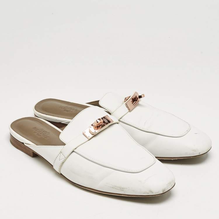 Pre Owned Hermes White Leather Oz Flat Mules Size 39