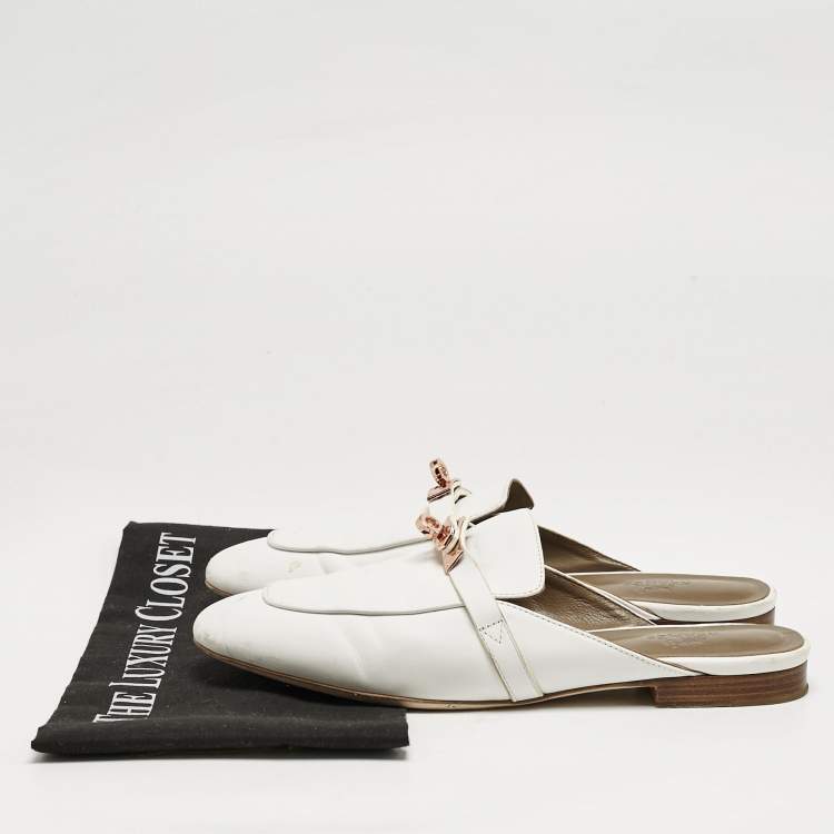 Pre Owned Hermes White Leather Oz Flat Mules Size 39
