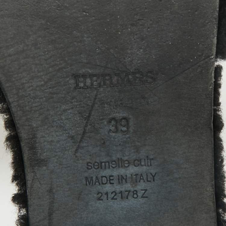 Pre Owned Hermes Black Shearling Fur Oran Flat Sandals Size 39