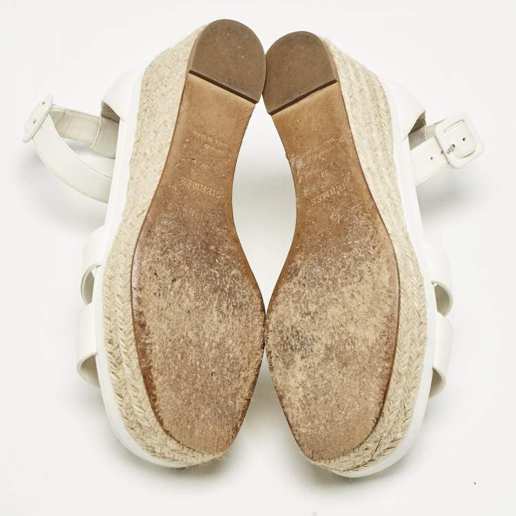 Pre Owned Hermes White Leather Ilana Espadrille Wedge Sandals Size 39