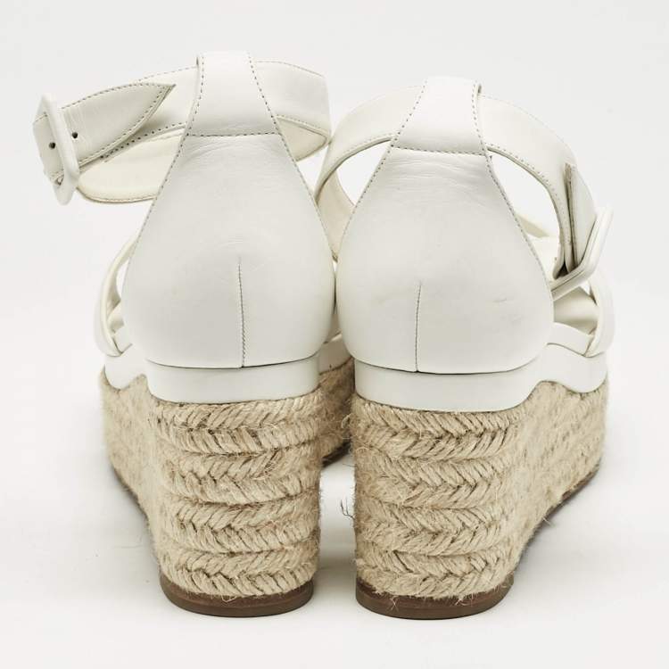 Pre Owned Hermes White Leather Ilana Espadrille Wedge Sandals Size 39
