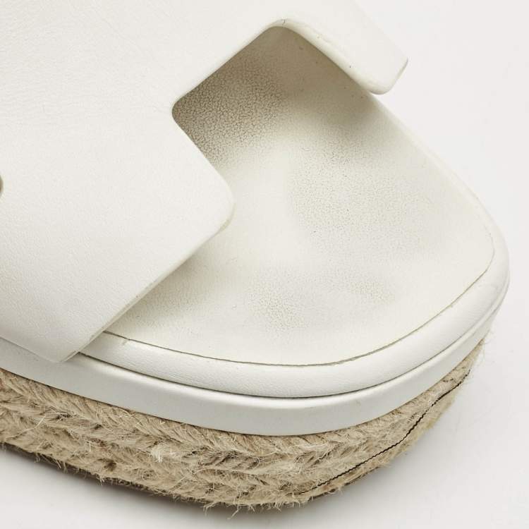Pre Owned Hermes White Leather Ilana Espadrille Wedge Sandals Size 39