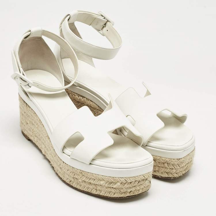 Pre Owned Hermes White Leather Ilana Espadrille Wedge Sandals Size 39