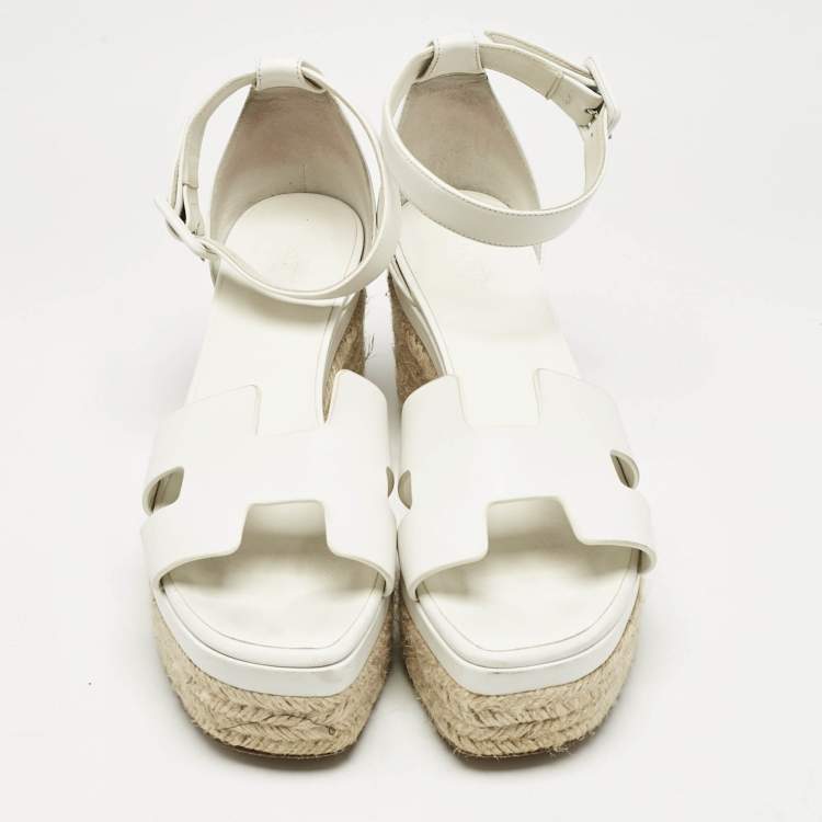 Pre Owned Hermes White Leather Ilana Espadrille Wedge Sandals Size 39