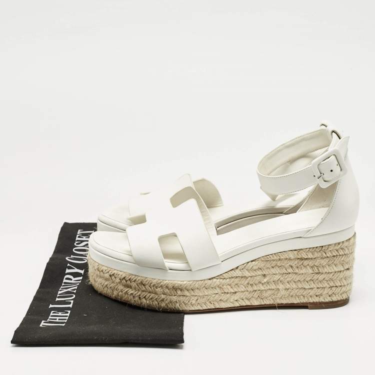 Pre Owned Hermes White Leather Ilana Espadrille Wedge Sandals Size 39