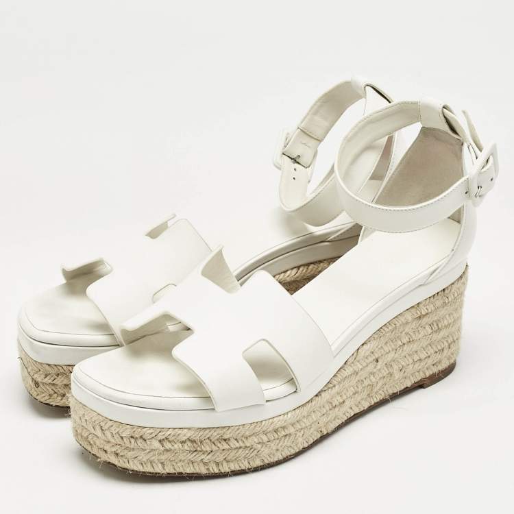 Pre Owned Hermes White Leather Ilana Espadrille Wedge Sandals Size 39