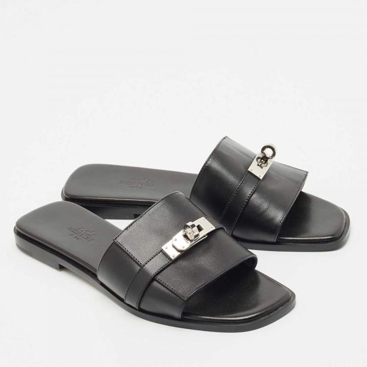 Pre Owned Hermes Black Leather Gabriel Slide Sandals Size 37
