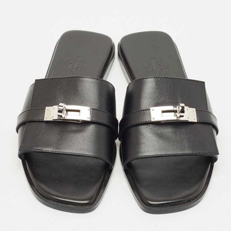 Pre Owned Hermes Black Leather Gabriel Slide Sandals Size 37