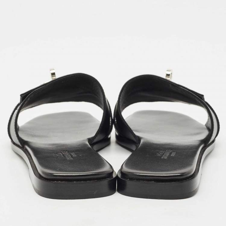 Pre Owned Hermes Black Leather Gabriel Slide Sandals Size 37