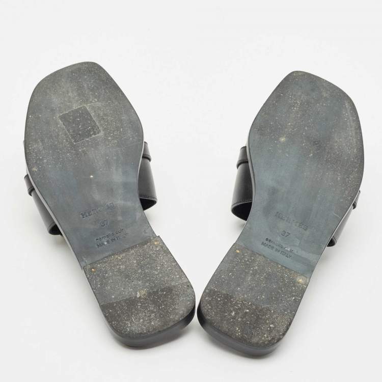 Pre Owned Hermes Black Leather Gabriel Slide Sandals Size 37