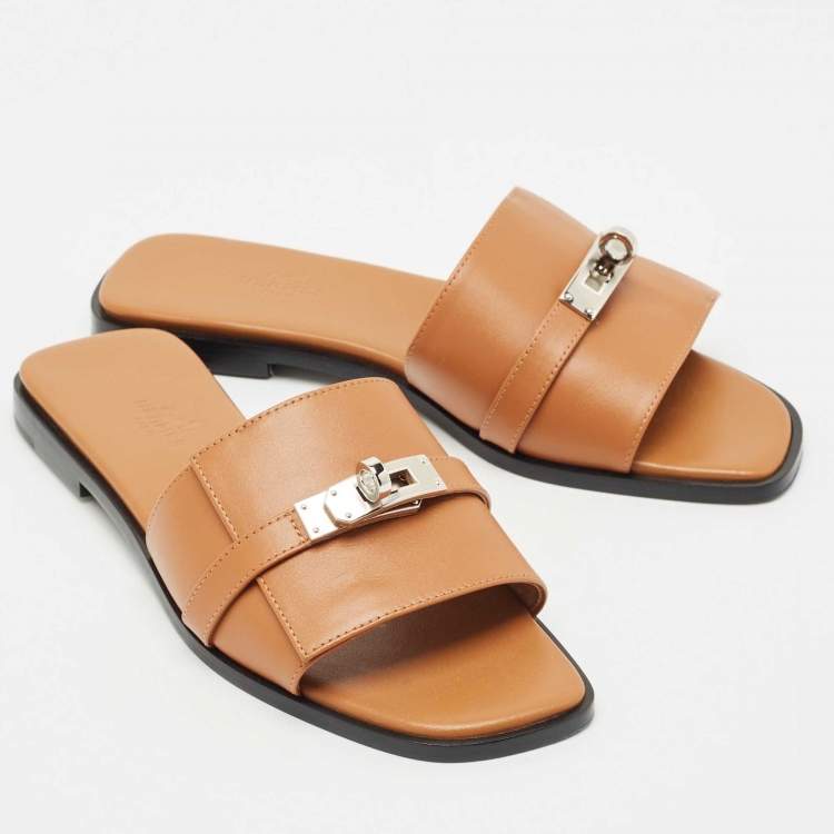 Pre Owned Hermes Brown Leather Gabriel Flat Slides Size 37