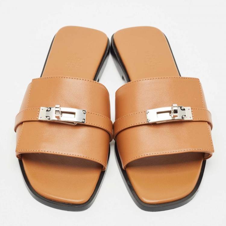 Pre Owned Hermes Brown Leather Gabriel Flat Slides Size 37