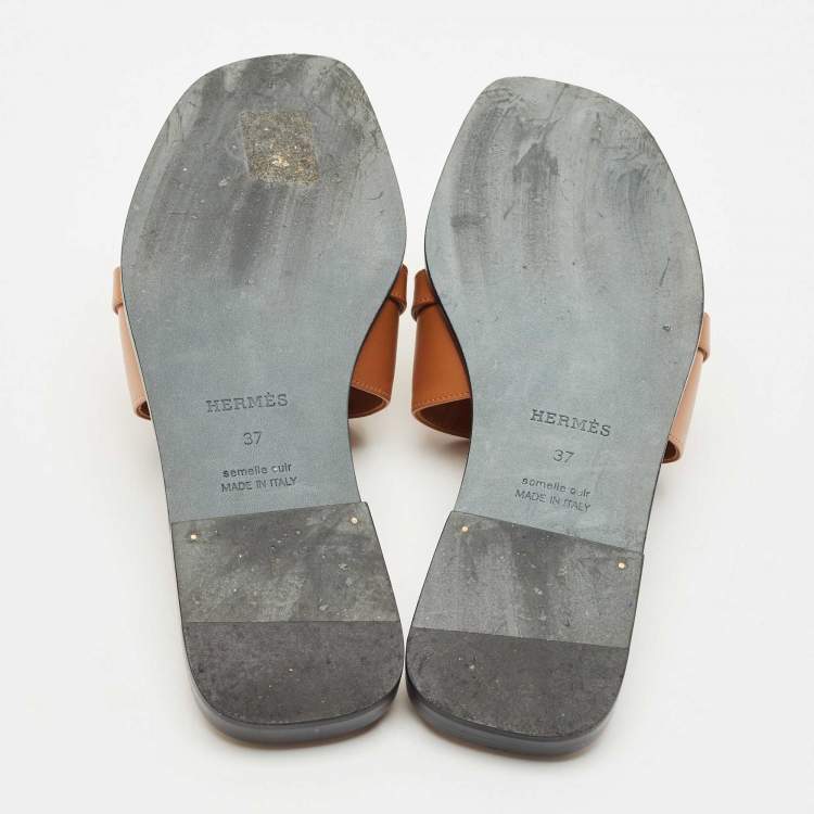 Pre Owned Hermes Brown Leather Gabriel Flat Slides Size 37