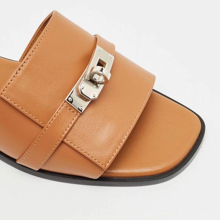 Pre Owned Hermes Brown Leather Gabriel Flat Slides Size 37
