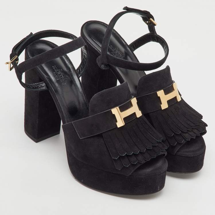 Pre Owned Hermes Black Suede Anjou Block Heel Platform Ankle Strap Sandals Size 40