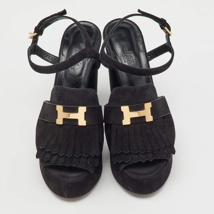 Pre Owned Hermes Black Suede Anjou Block Heel Platform Ankle Strap Sandals Size 40
