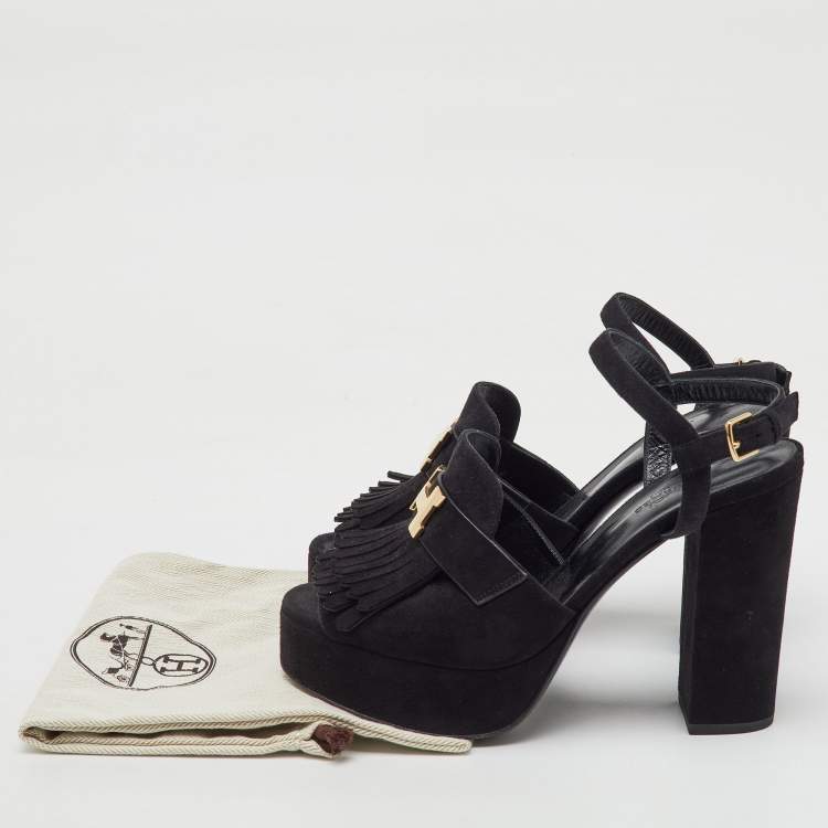 Pre Owned Hermes Black Suede Anjou Block Heel Platform Ankle Strap Sandals Size 40
