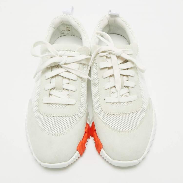 Pre Owned Hermes White Mesh and Suede Bouncing Sneakers Size 39.5
