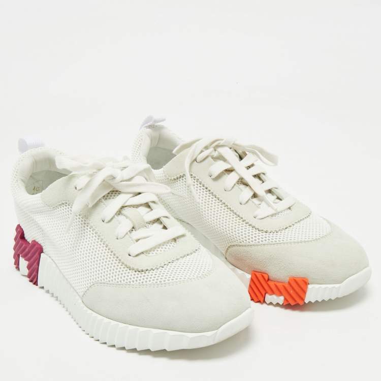 Pre Owned Hermes White Mesh and Suede Bouncing Sneakers Size 39.5