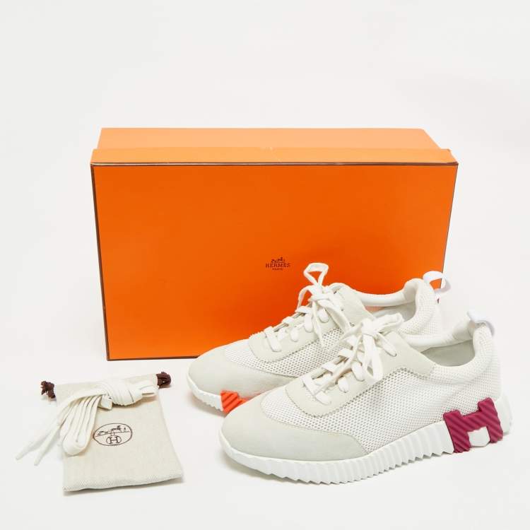 Pre Owned Hermes White Mesh and Suede Bouncing Sneakers Size 39.5