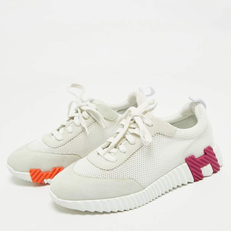 Pre Owned Hermes White Mesh and Suede Bouncing Sneakers Size 39.5