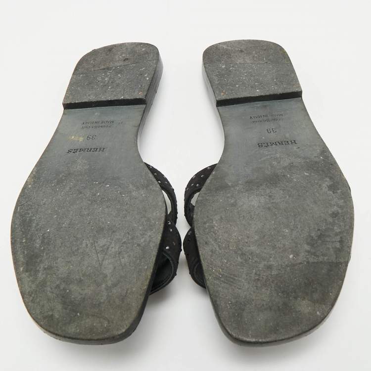 Pre Owned Hermes Black Suede Crystal Embellished Oran Flat Slides Size 39
