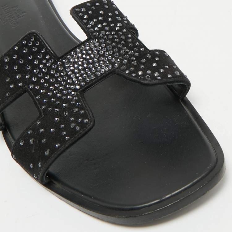Pre Owned Hermes Black Suede Crystal Embellished Oran Flat Slides Size 39