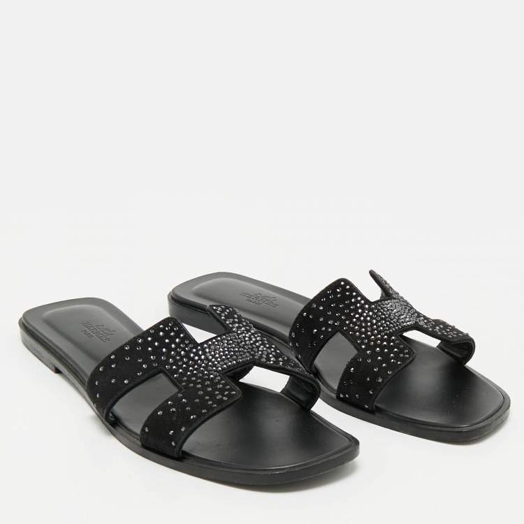 Pre Owned Hermes Black Suede Crystal Embellished Oran Flat Slides Size 39