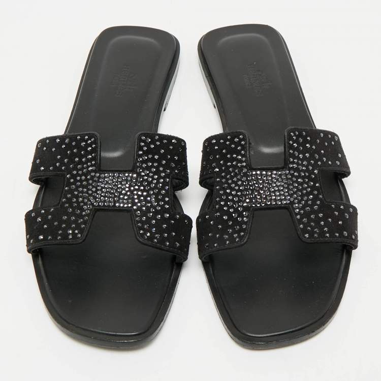 Pre Owned Hermes Black Suede Crystal Embellished Oran Flat Slides Size 39