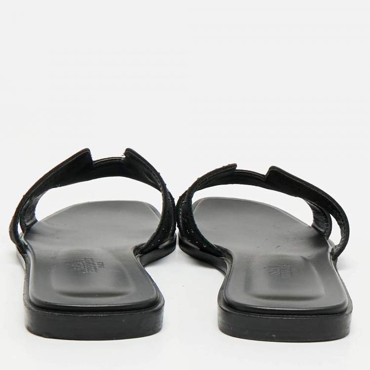 Pre Owned Hermes Black Suede Crystal Embellished Oran Flat Slides Size 39