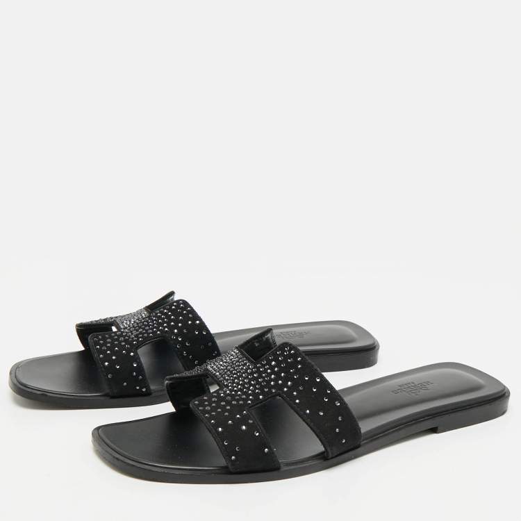 Pre Owned Hermes Black Suede Crystal Embellished Oran Flat Slides Size 39