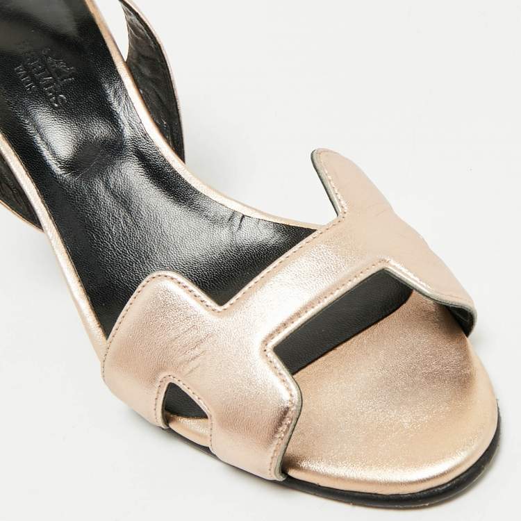 Pre Owned Hermes Gold Leather Night Slingback Sandals Size 39