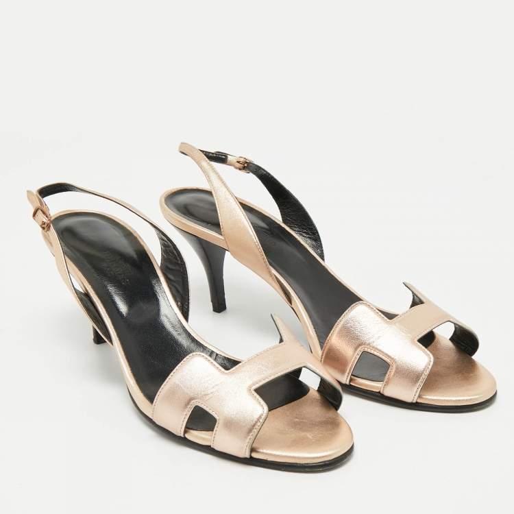 Pre Owned Hermes Gold Leather Night Slingback Sandals Size 39