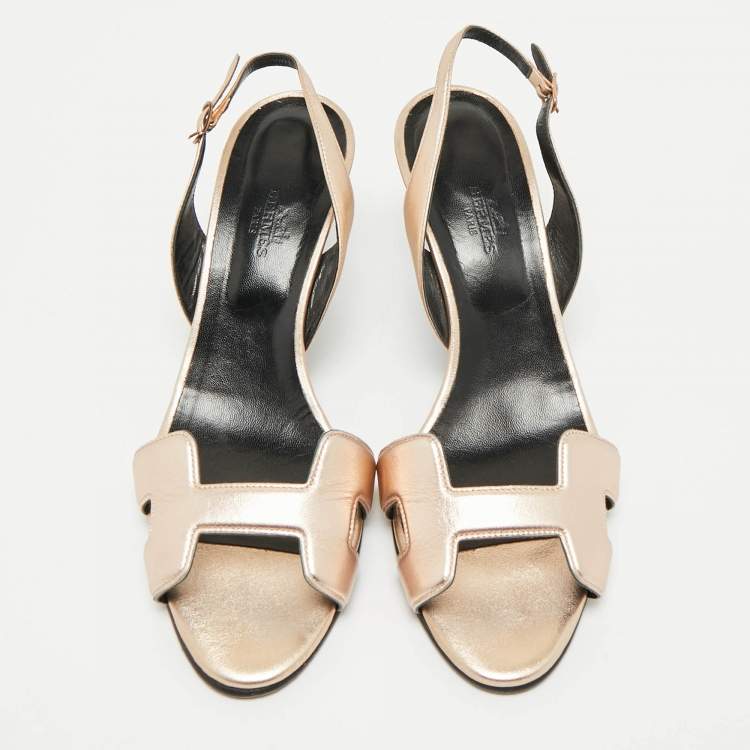 Pre Owned Hermes Gold Leather Night Slingback Sandals Size 39