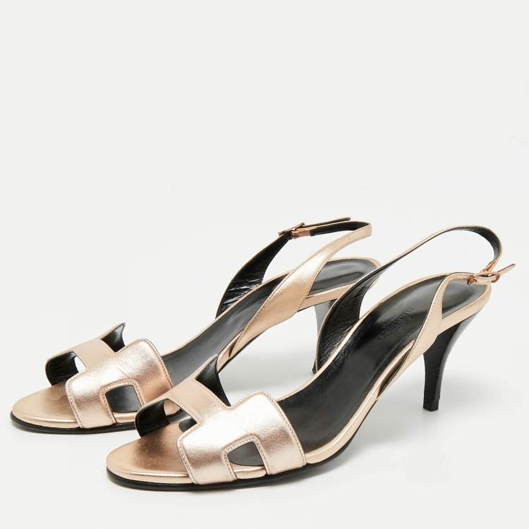 Pre Owned Hermes Gold Leather Night Slingback Sandals Size 39