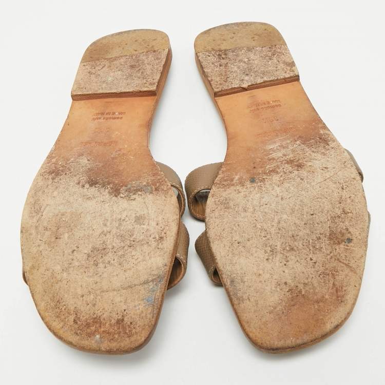 Pre Owned Hermes Grey Leather Oran Flat Slides Size 39.5