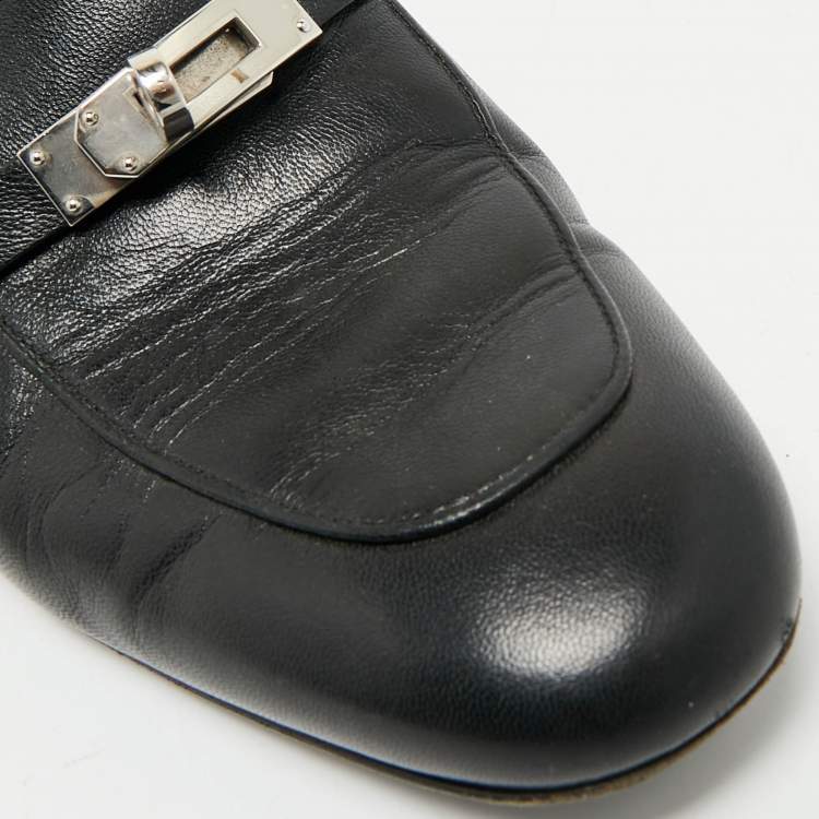 Pre Owned Hermes Black Leather Oz Flat Mules Size 39