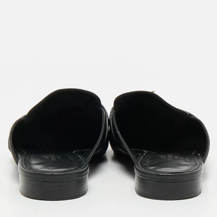 Pre Owned Hermes Black Leather Oz Flat Mules Size 39