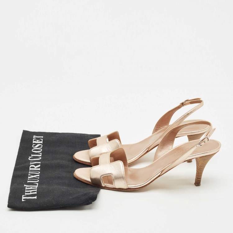 Pre Owned Hermes Metallic Gold  Leather Premiere Ankle Strap Sandals Size 37.5