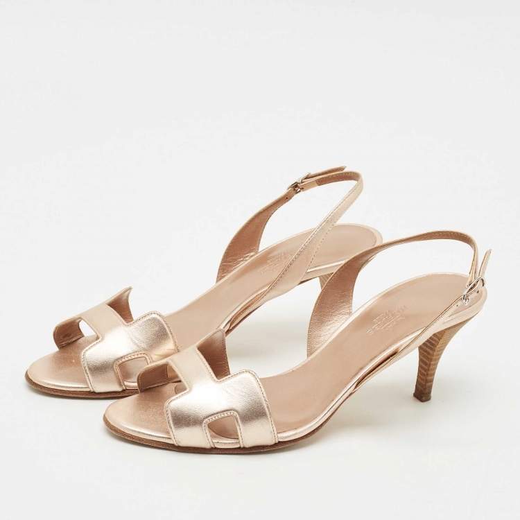 Pre Owned Hermes Metallic Gold  Leather Premiere Ankle Strap Sandals Size 37.5