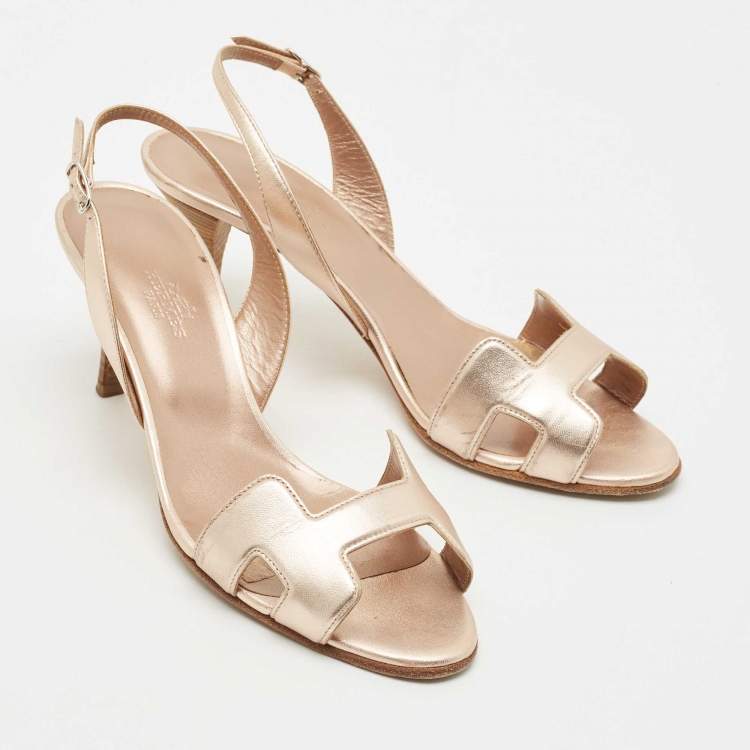 Pre Owned Hermes Metallic Gold  Leather Premiere Ankle Strap Sandals Size 37.5