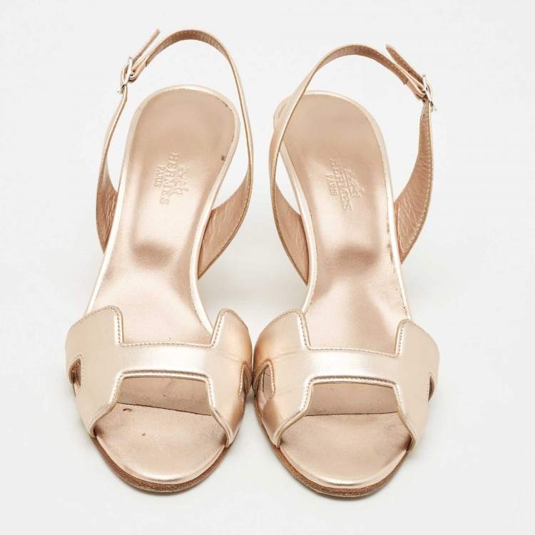 Pre Owned Hermes Metallic Gold  Leather Premiere Ankle Strap Sandals Size 37.5