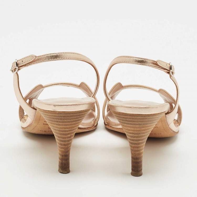 Pre Owned Hermes Metallic Gold  Leather Premiere Ankle Strap Sandals Size 37.5