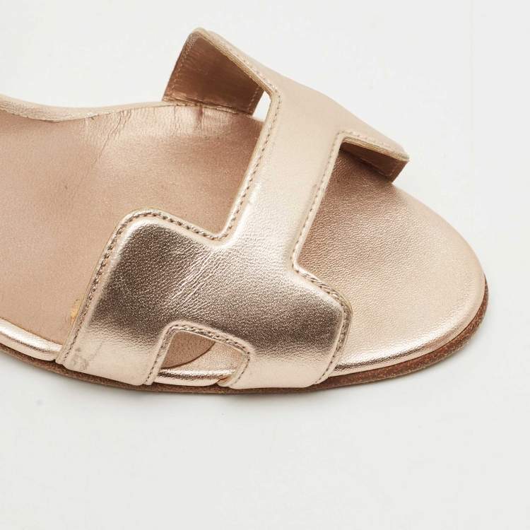 Pre Owned Hermes Metallic Gold  Leather Premiere Ankle Strap Sandals Size 37.5
