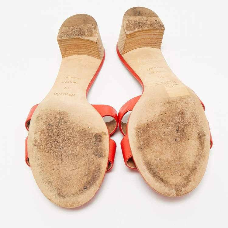 Pre Owned Hermes Red Leather Oasis Slides Size 39