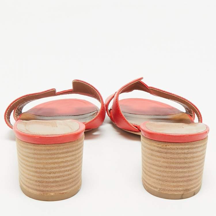 Pre Owned Hermes Red Leather Oasis Slides Size 39
