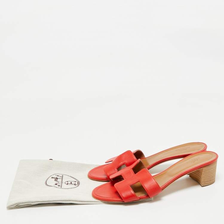 Pre Owned Hermes Red Leather Oasis Slides Size 39
