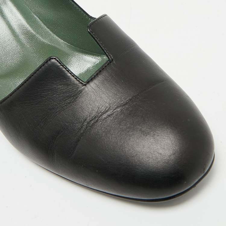 Pre Owned Hermes Black Leather Block Heel Pumps Size 37.5