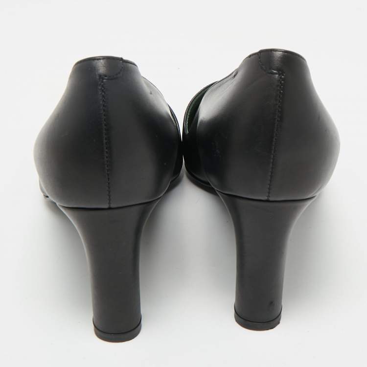 Pre Owned Hermes Black Leather Block Heel Pumps Size 37.5