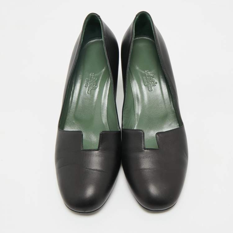 Pre Owned Hermes Black Leather Block Heel Pumps Size 37.5